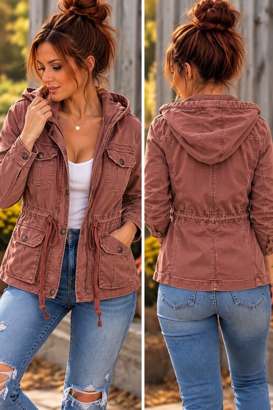 Lucky Brand Womens Utility Jacket Hooded Anorak Rust Orange Small Field Coat